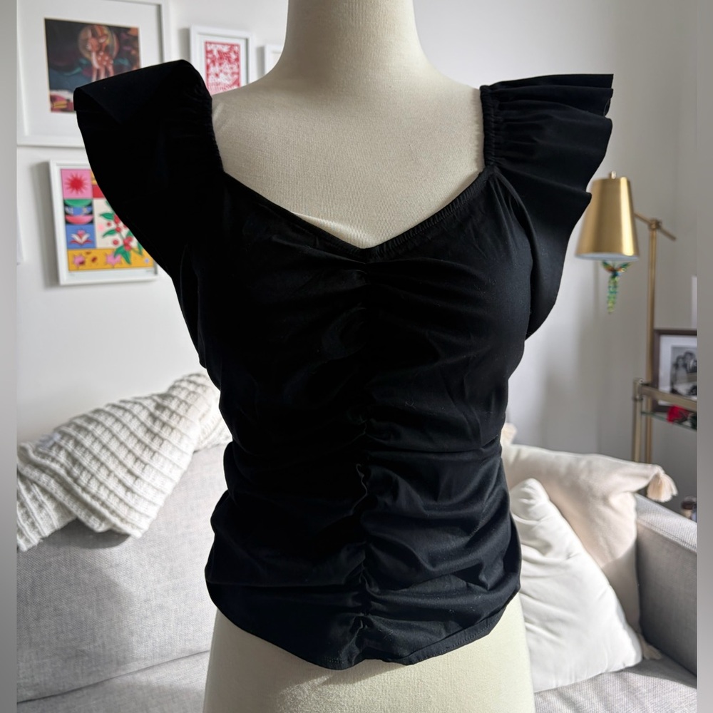 White House Black Market Black Ruched Flutter Sleeve Blouse